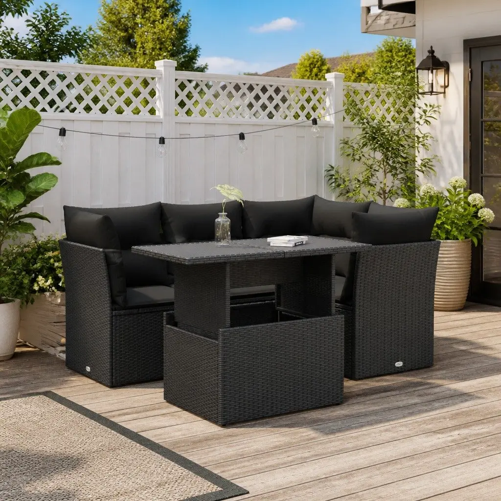 Garden Sofa Set 5 Piece Outdoor Furniture Black Poly Rattan Patio with Cushions