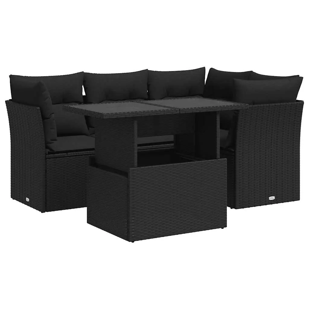 Garden Sofa Set 5 Piece Outdoor Furniture Black Poly Rattan Patio with Cushions