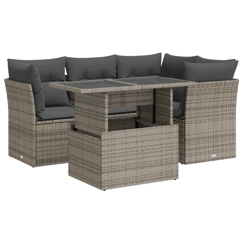 5 Piece Outdoor Furniture Set Grey Poly Rattan Patio Sofa with Adjustable Table and Storage Function