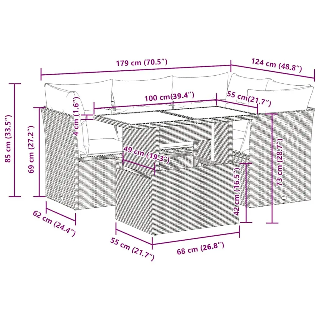 5 Piece Outdoor Furniture Set Grey Poly Rattan Patio Sofa with Adjustable Table and Storage Function