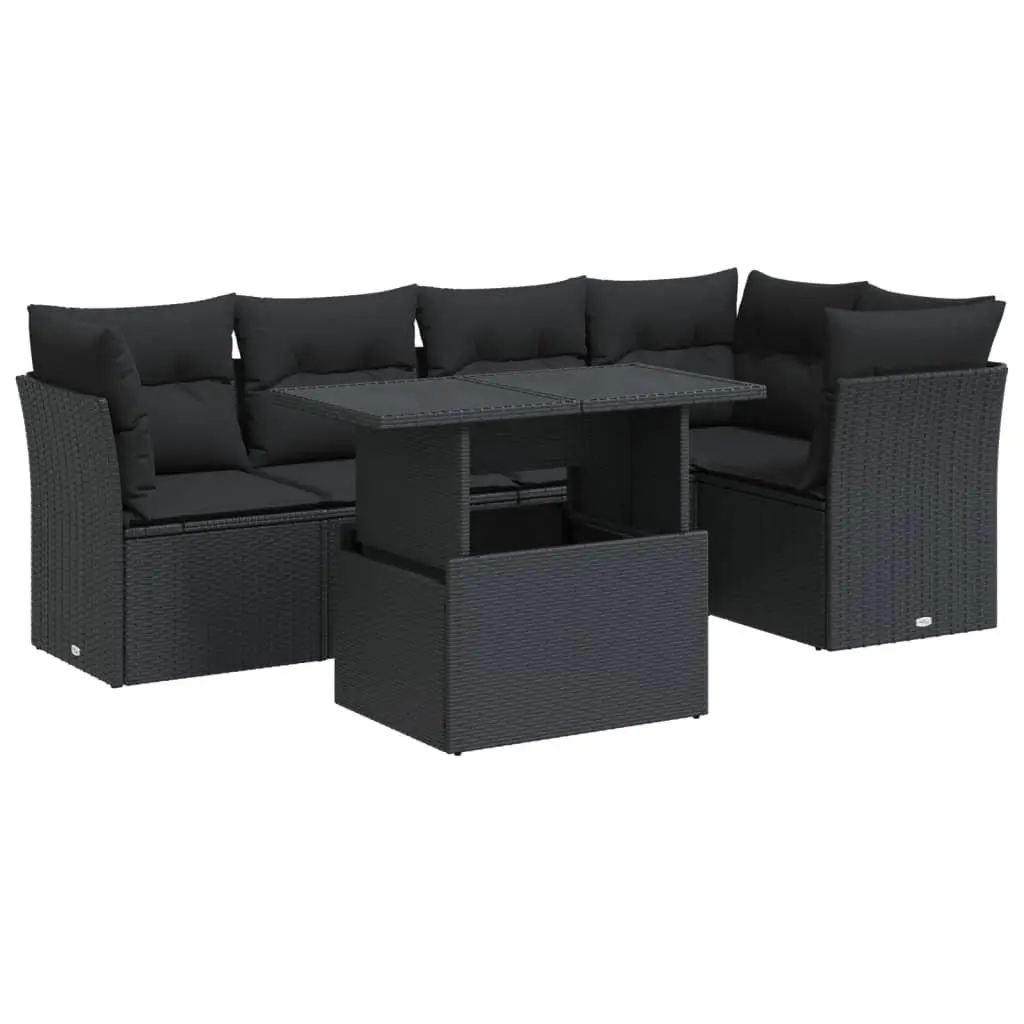 Outdoor Furniture Set 6 Piece Black PE Rattan with Cushions Adjustable Tabletop Storage Function