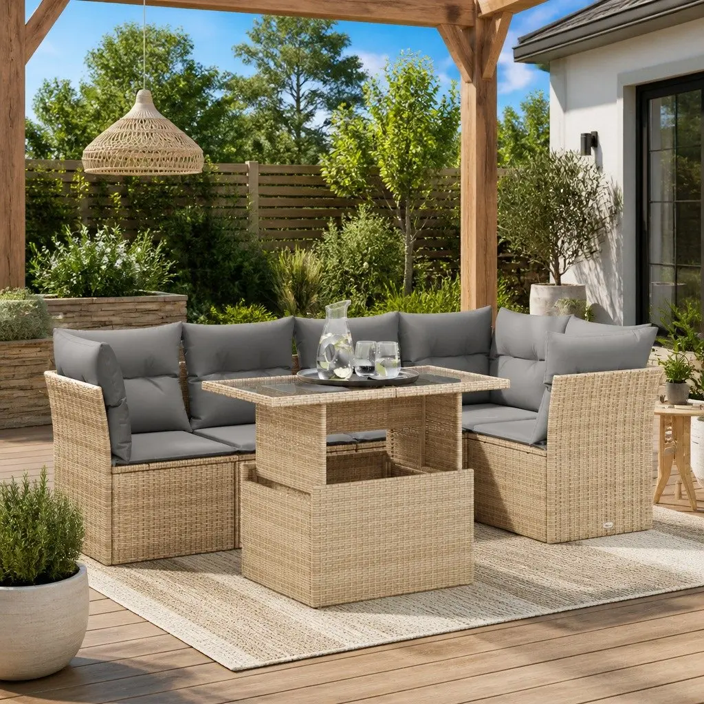 Garden Sofa Set PE Rattan 6 Piece Outdoor Furniture Patio Beige