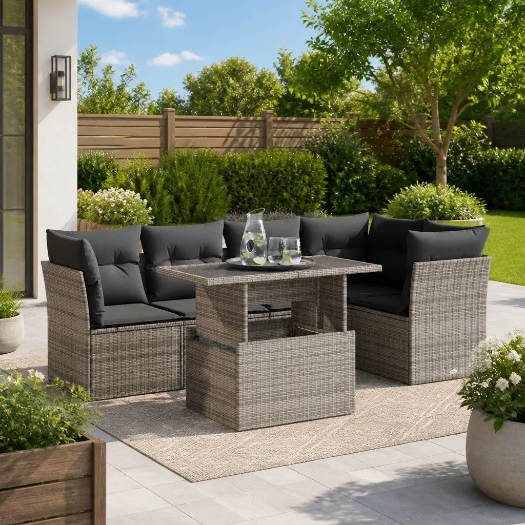 Garden Sofa Set 6 Piece Poly Rattan Powder-coated Steel Grey Outdoor Furniture
