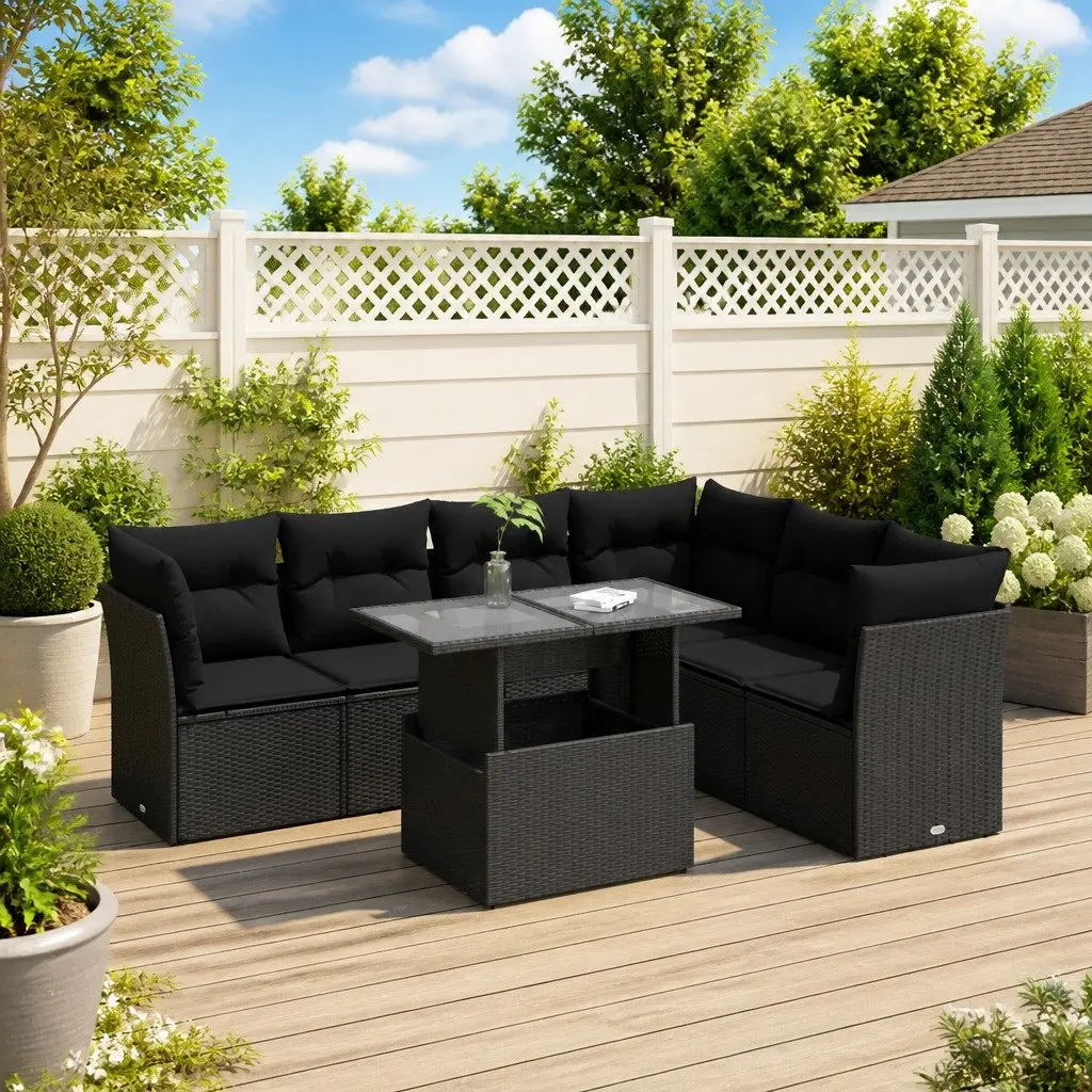 7 Piece Outdoor Sofa Set Black PE Rattan with Cushions Adjustable Tabletop Powder Coated Steel Frame