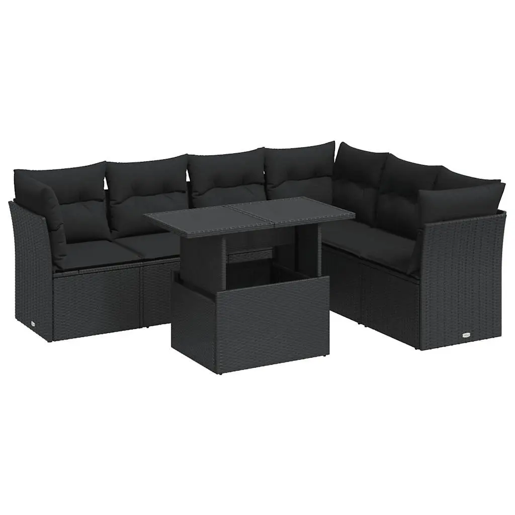 7 Piece Outdoor Sofa Set Black PE Rattan with Cushions Adjustable Tabletop Powder Coated Steel Frame