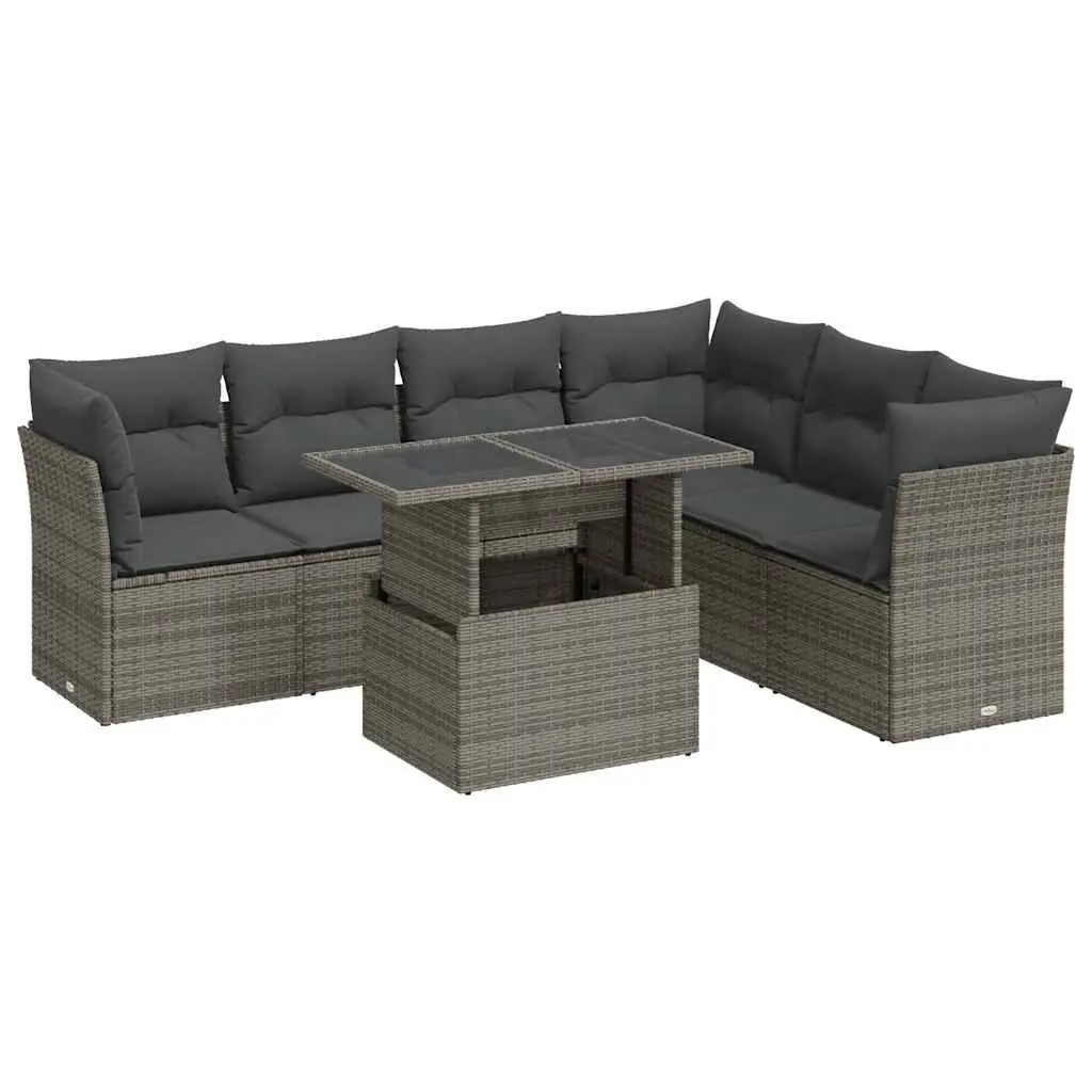 7 Piece Outdoor Furniture Set Grey PE Rattan Sofa with Cushions and Adjustable Table for Patio Garden