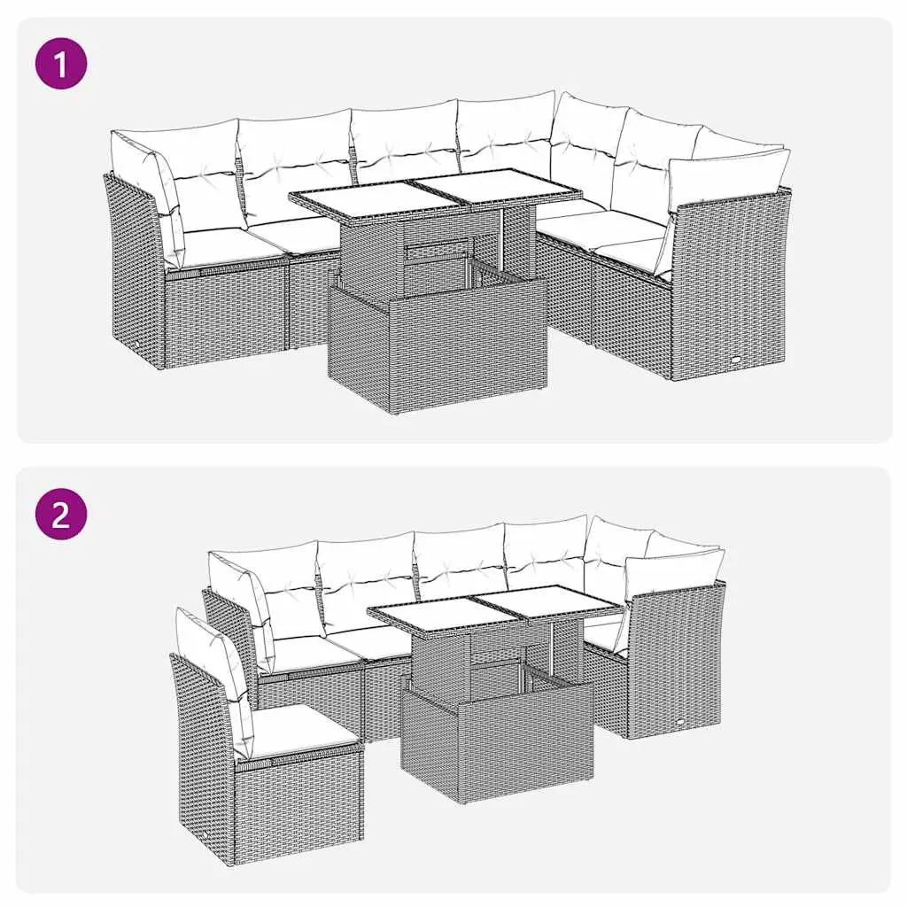 7 Piece Outdoor Furniture Set Grey PE Rattan Sofa with Cushions and Adjustable Table for Patio Garden