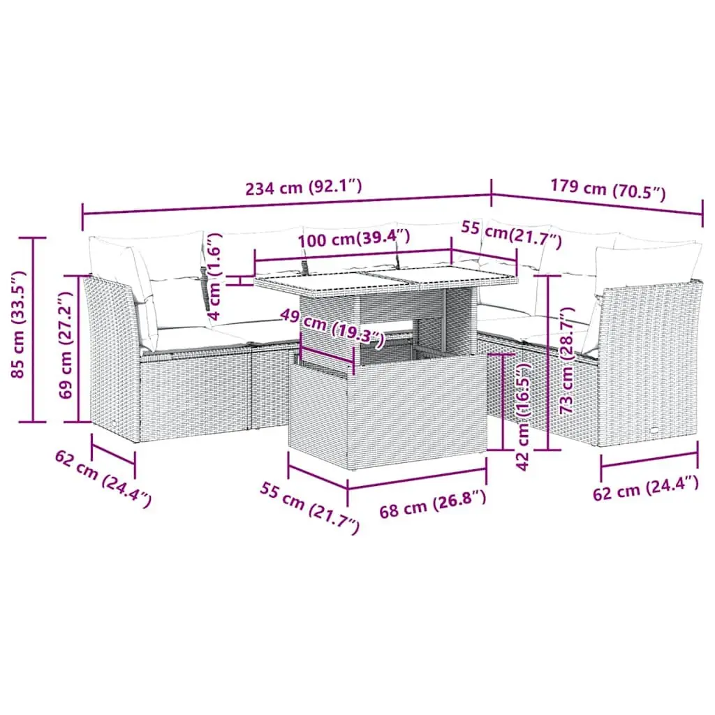 7 Piece Outdoor Furniture Set Grey PE Rattan Sofa with Cushions and Adjustable Table for Patio Garden