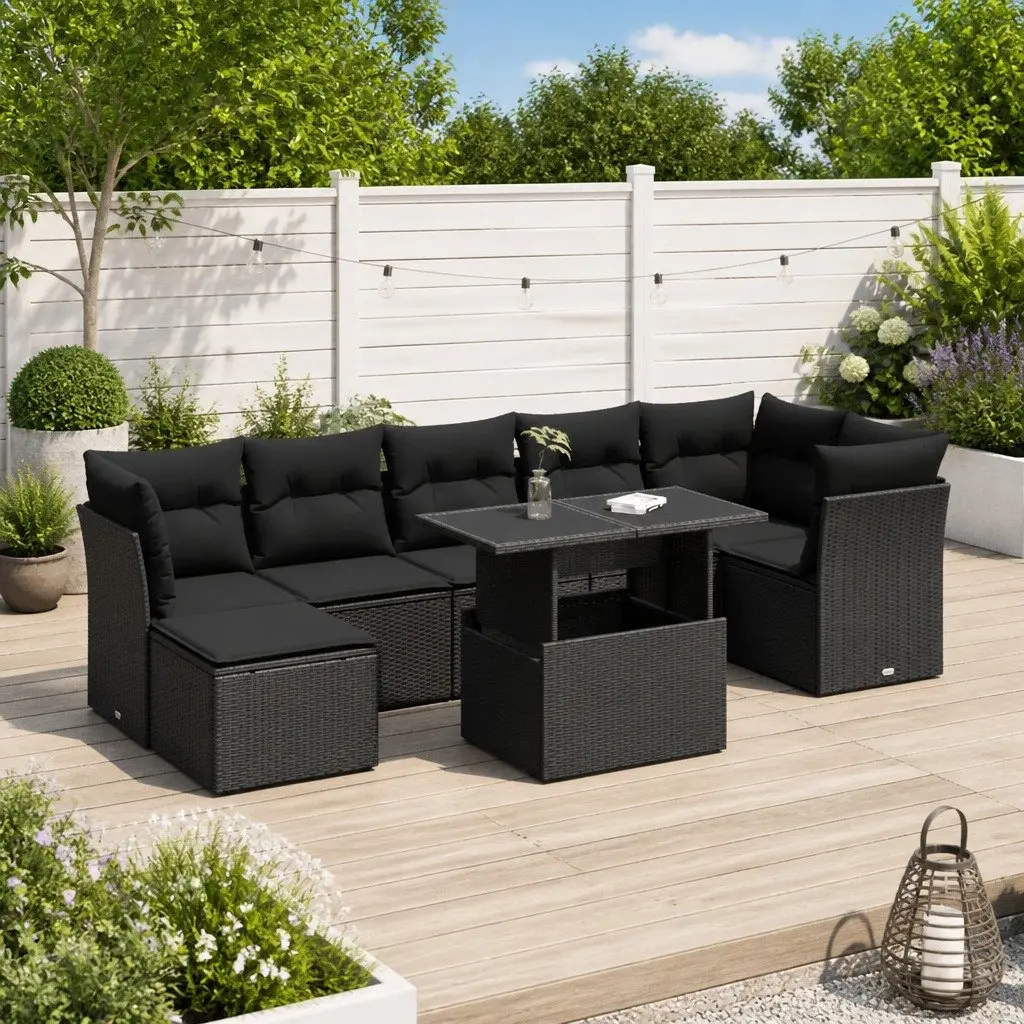 Garden Sofa Set 8 Piece Outdoor Furniture Poly Rattan Black with Cushions