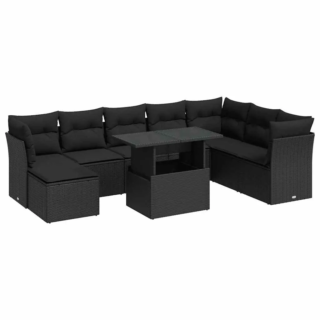 9PieceOutdoorSectionalSofaSetBlackRattanGardenFurnitureWithAdjustableTableAndStorageCompartment
