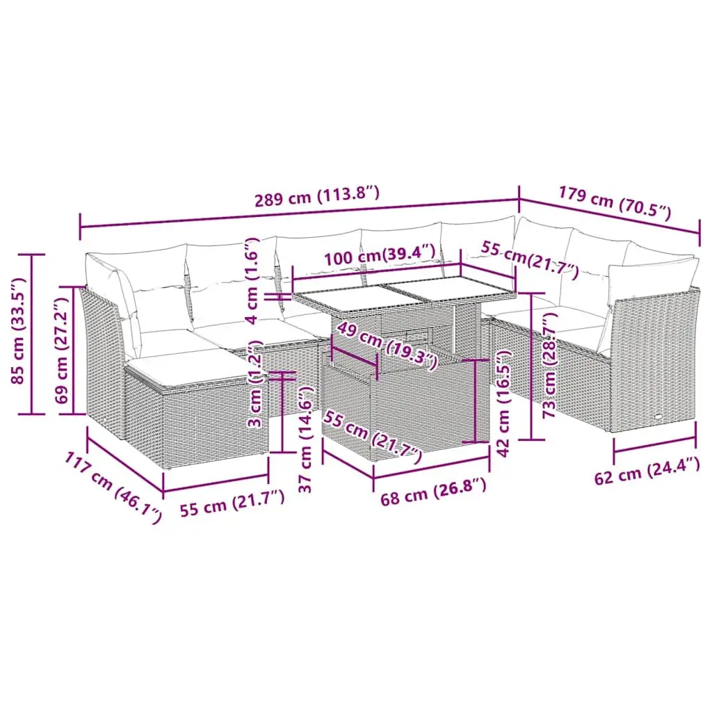 9 Piece Garden Sofa Set PE Rattan Grey with Cushions and Adjustable Table
