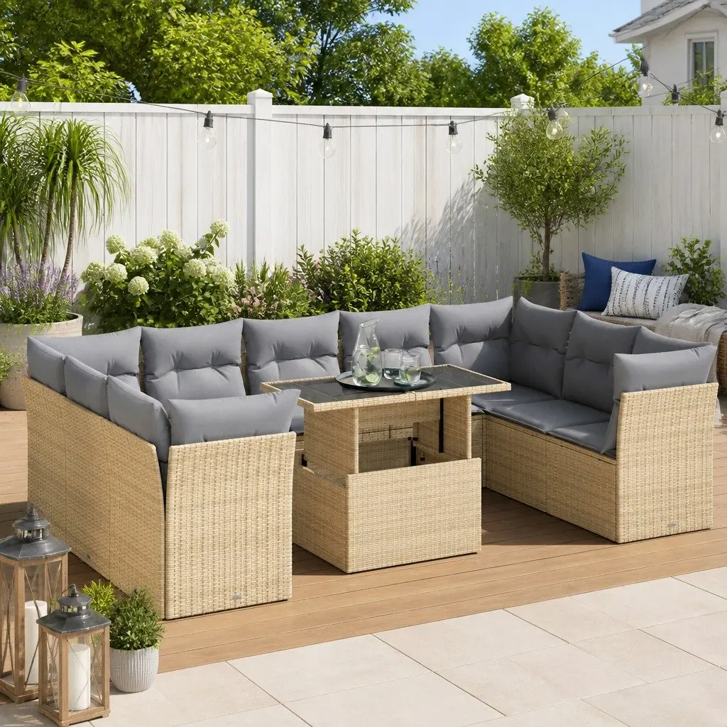 Garden Sofa Set 10 Piece Outdoor Furniture Beige Poly Rattan Patio Seating with