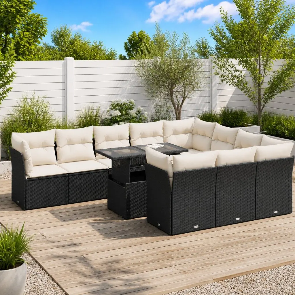 Garden Sofa Set 11 Piece Outdoor Patio Furniture Black Poly Rattan with Cushions