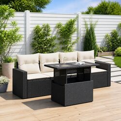 5 Piece Garden Sofa Set Outdoor Furniture Black Poly Rattan Cushions Patio