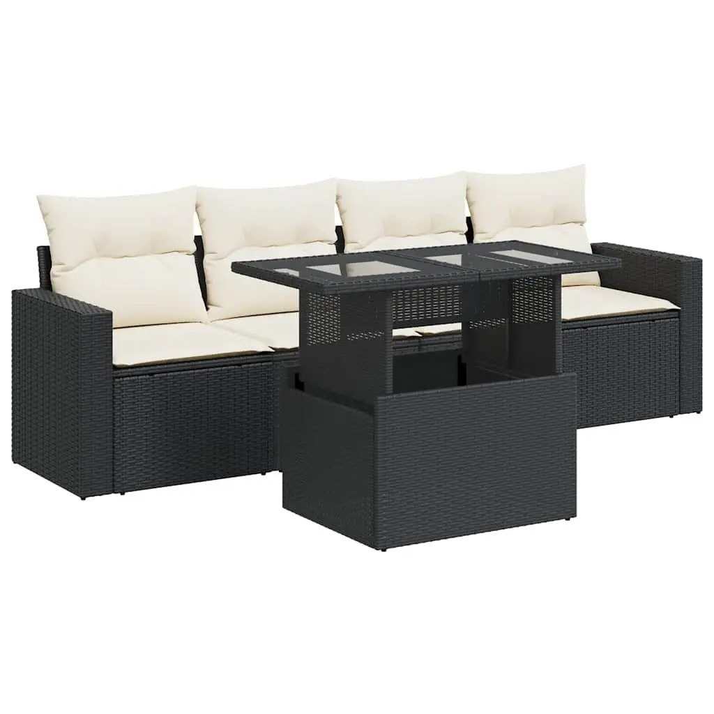 5 Piece Garden Sofa Set PE Rattan Black Cushions Adjustable Tabletop Outdoor Furniture