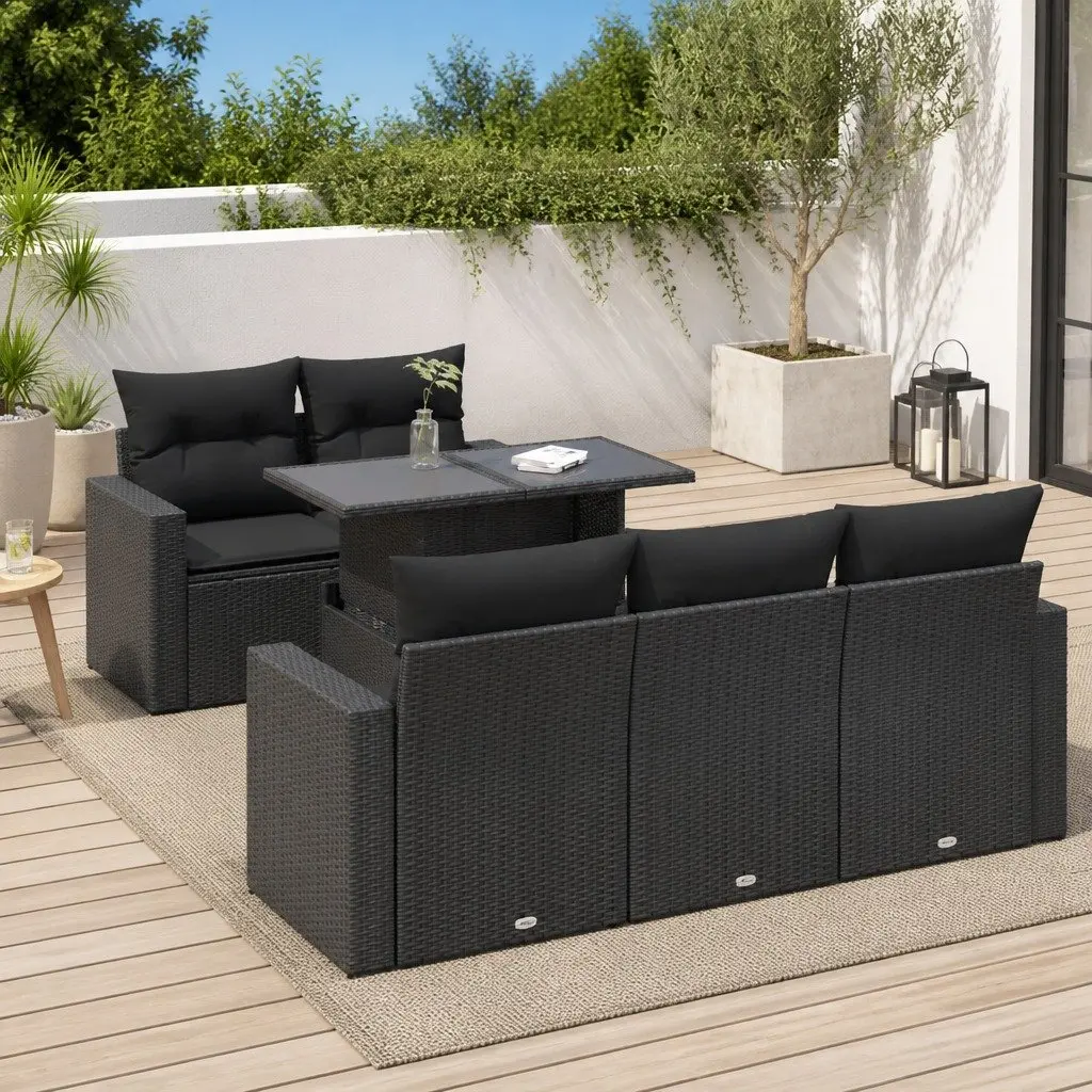 Outdoor Sofa Set 6 Piece Black Poly Rattan Patio Furniture with Removable Cushions and Adjustable Tabletop