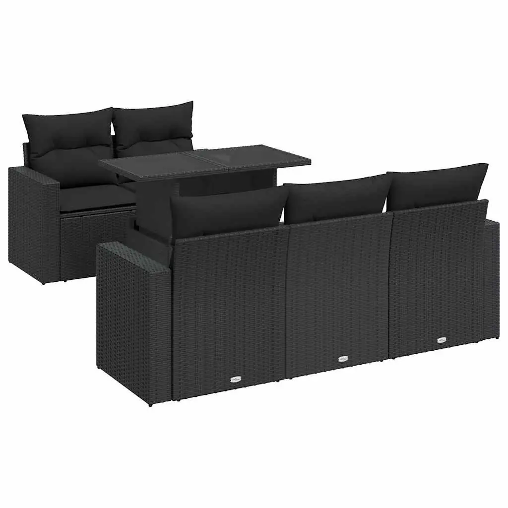 Outdoor Sofa Set 6 Piece Black Poly Rattan Patio Furniture with Removable Cushions and Adjustable Tabletop