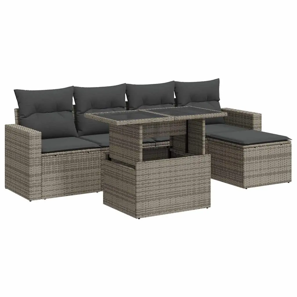 Garden Sofa Set 6 Piece Grey Poly Rattan with Storage Cushions and Adjustable Table