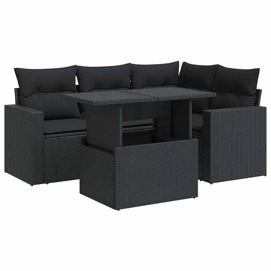 5 Piece Garden Sofa Set PE Rattan Black Outdoor Furniture Patio Sectional with Cushions