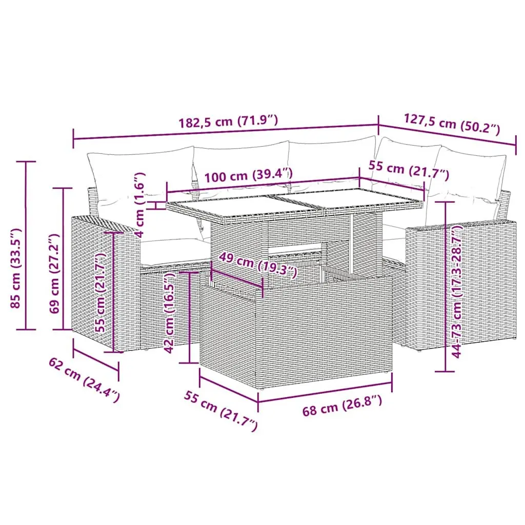 Outdoor Furniture Sofa Set 5 Piece Beige Poly Rattan Patio Lounge with Storage and Adjustable Tabletop
