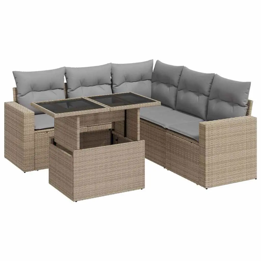 Garden Sofa Set PE Rattan 6 Piece Beige with Storage Cushions