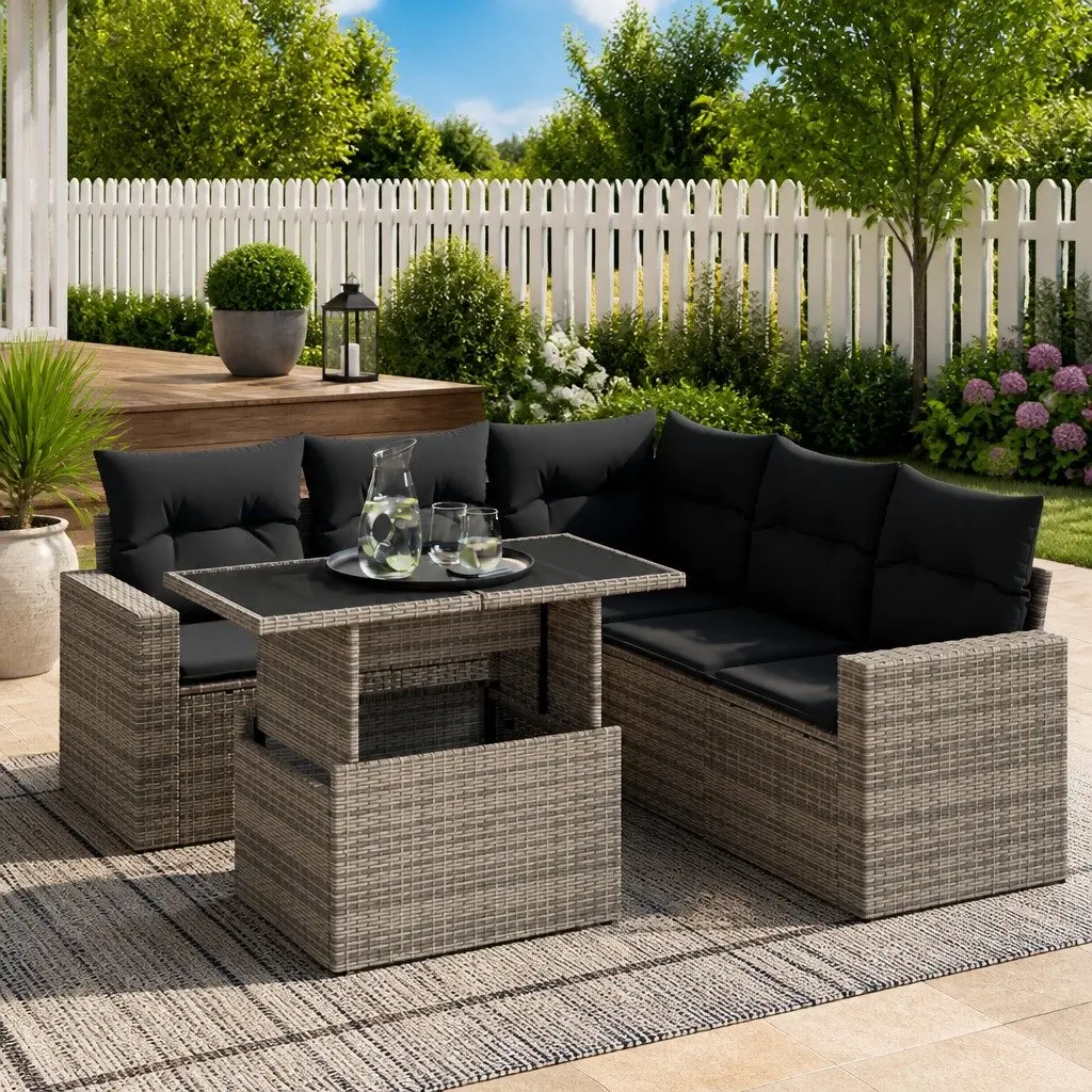 Garden Sofa Set 6 Piece PE Poly Rattan Outdoor Furniture Grey Powder-coated Steel Frame