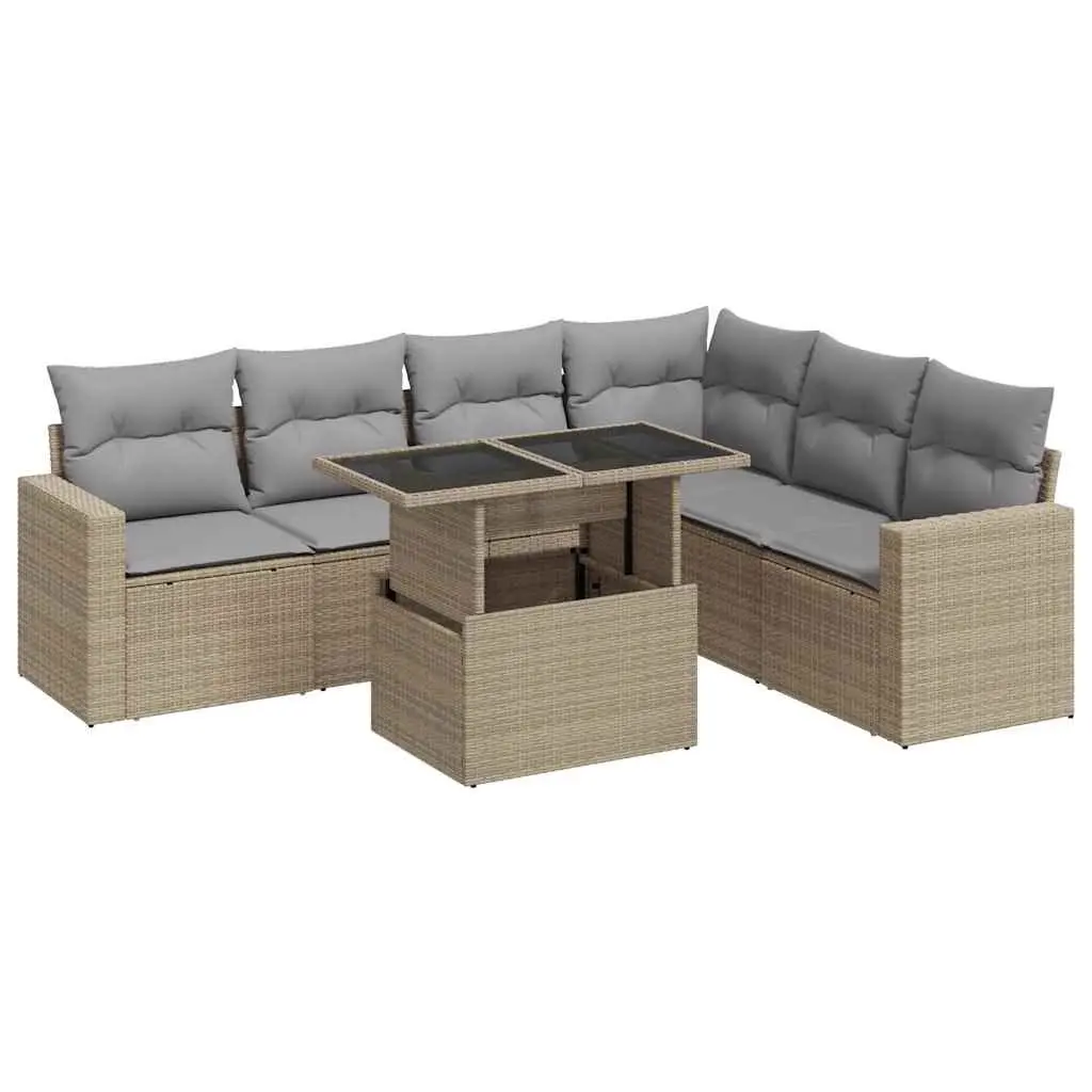 7 Piece Garden Sofa Set PE Rattan Frame Beige with Cushions