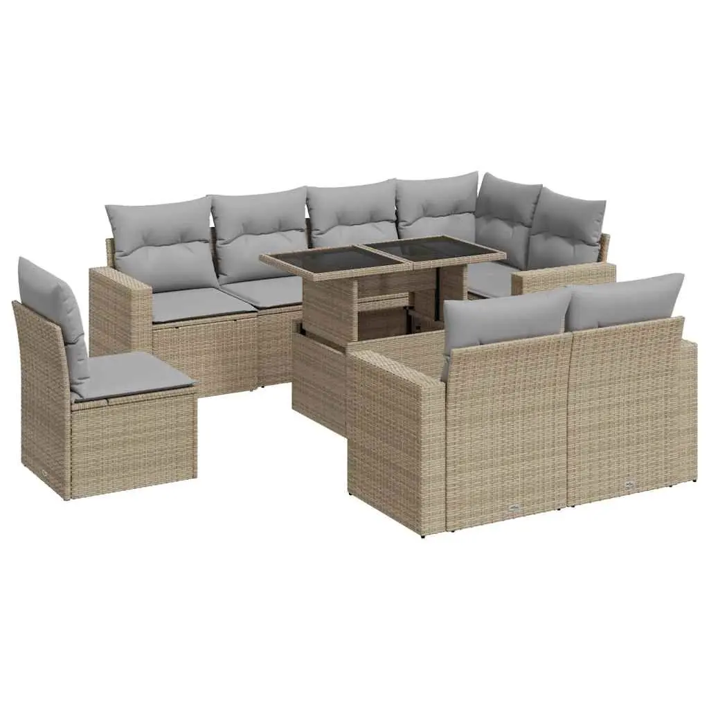 9 Piece Outdoor Garden Sofa Set PE Rattan Powder-Coated Steel Frame Beige