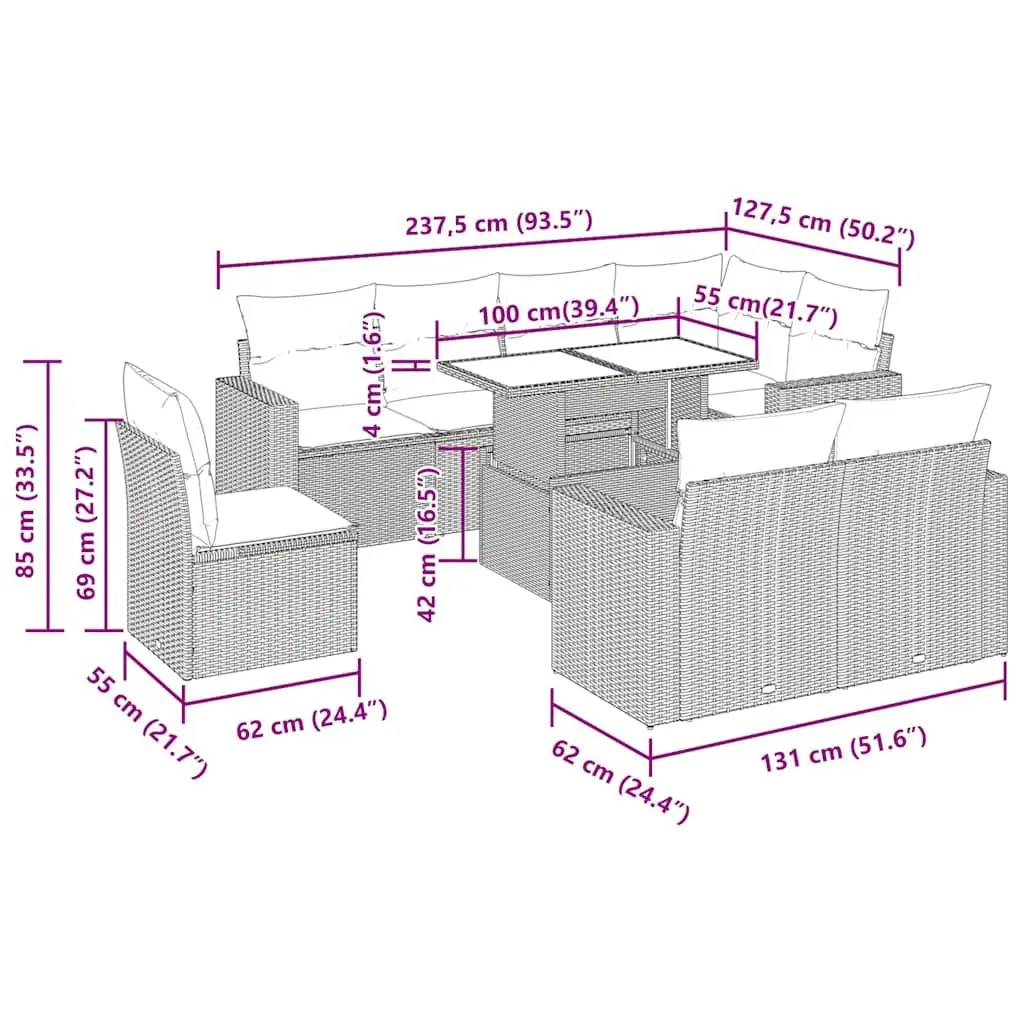 9 Piece Outdoor Garden Sofa Set PE Rattan Powder-Coated Steel Frame Beige