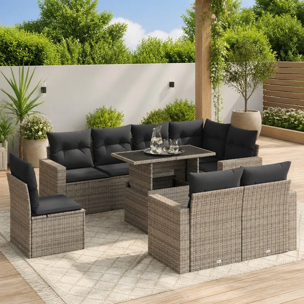 Garden Sofa Set PE Rattan 9 Piece Outdoor Furniture Grey Powder Coated Steel Patio Lounge Seating