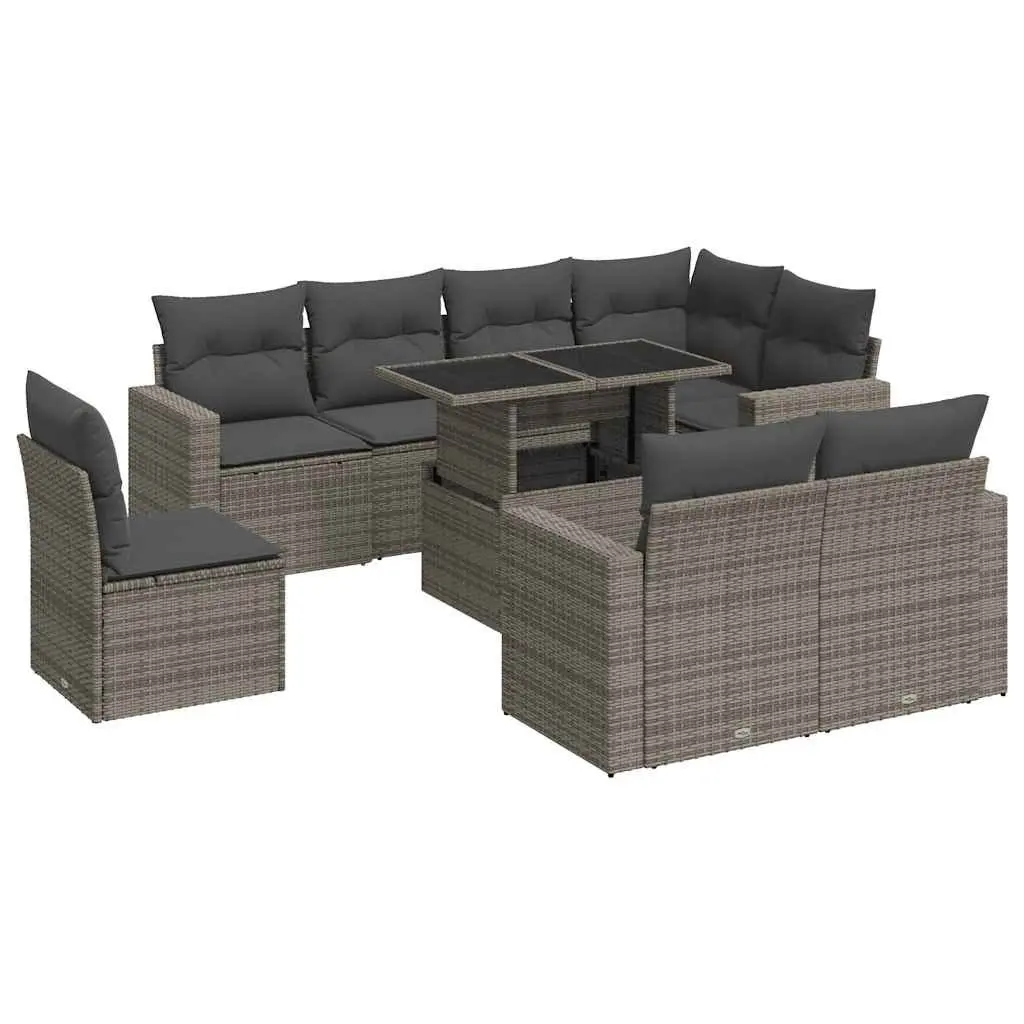 Garden Sofa Set PE Rattan 9 Piece Outdoor Furniture Grey Powder Coated Steel Patio Lounge Seating