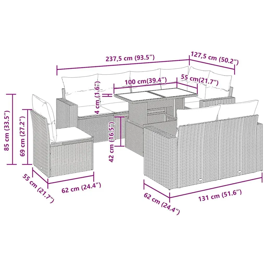 Garden Sofa Set PE Rattan 9 Piece Outdoor Furniture Grey Powder Coated Steel Patio Lounge Seating