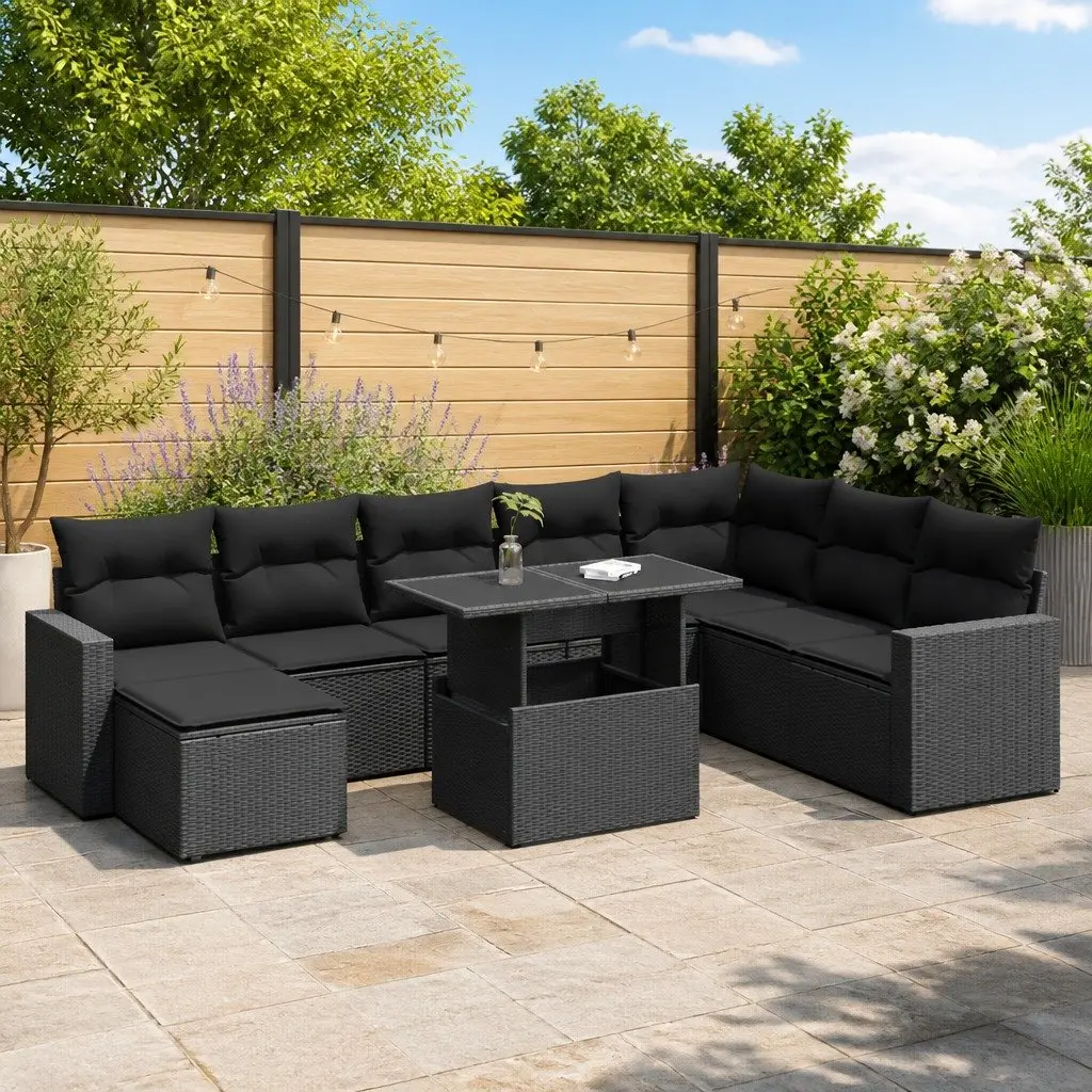 Garden Sofa Set 9 Piece Outdoor Furniture Black Poly Rattan with Cushions