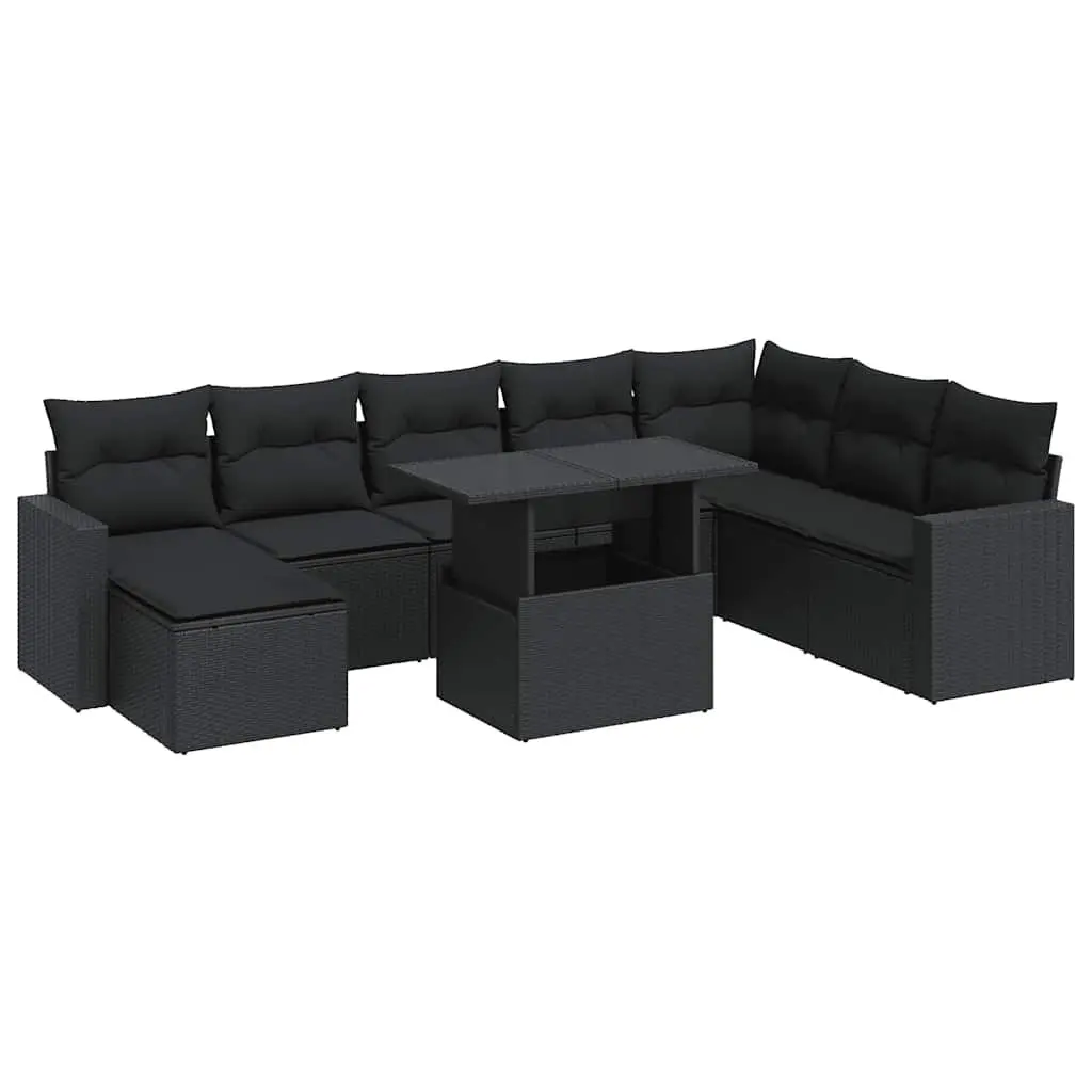 Garden Sofa Set 9 Piece Outdoor Furniture Black Poly Rattan with Cushions