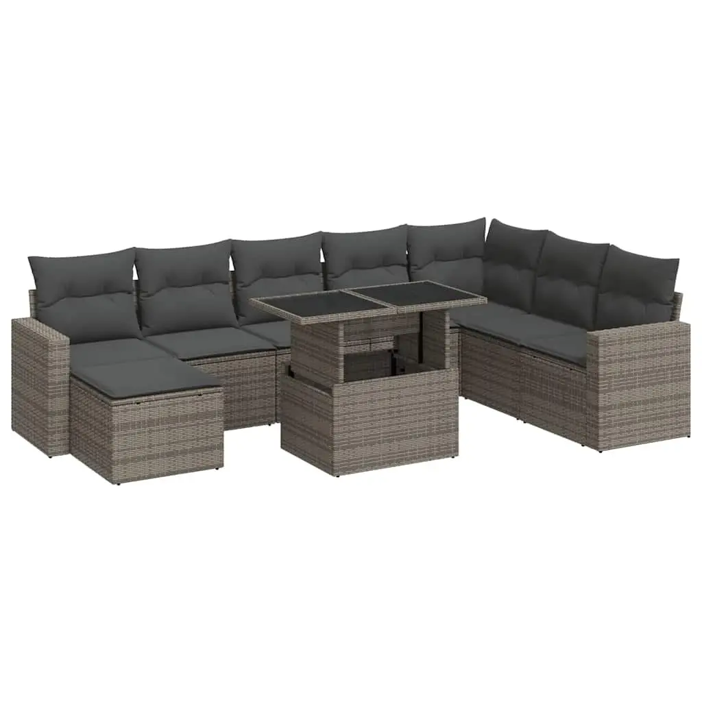 9 Piece Grey Outdoor Furniture Sofa Set Poly Rattan Patio Sectional with Adjustable Table and Storage Function