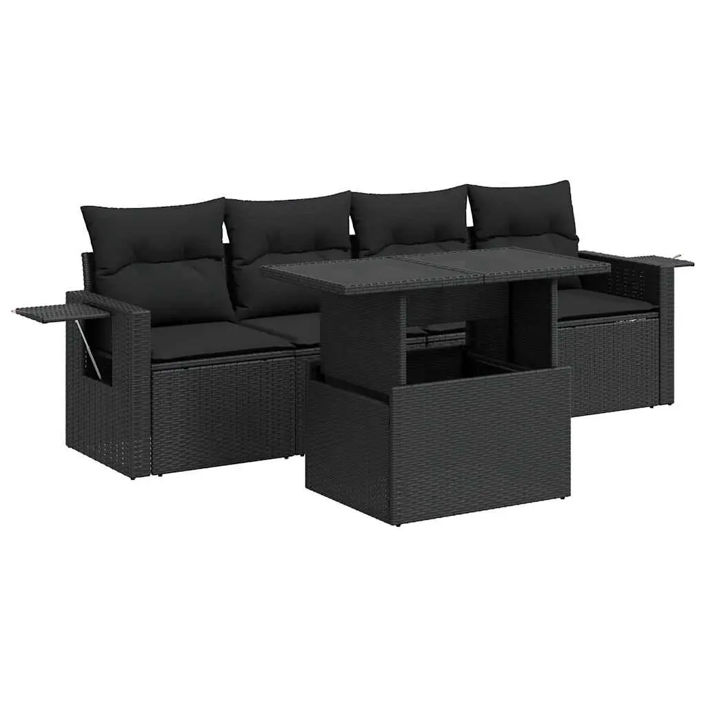 5 Piece Garden Sofa Set Poly Rattan Black with Storage Cushions