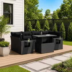 7-Piece Garden Sofa Set Black Poly Rattan Outdoor Patio Furniture with Storage