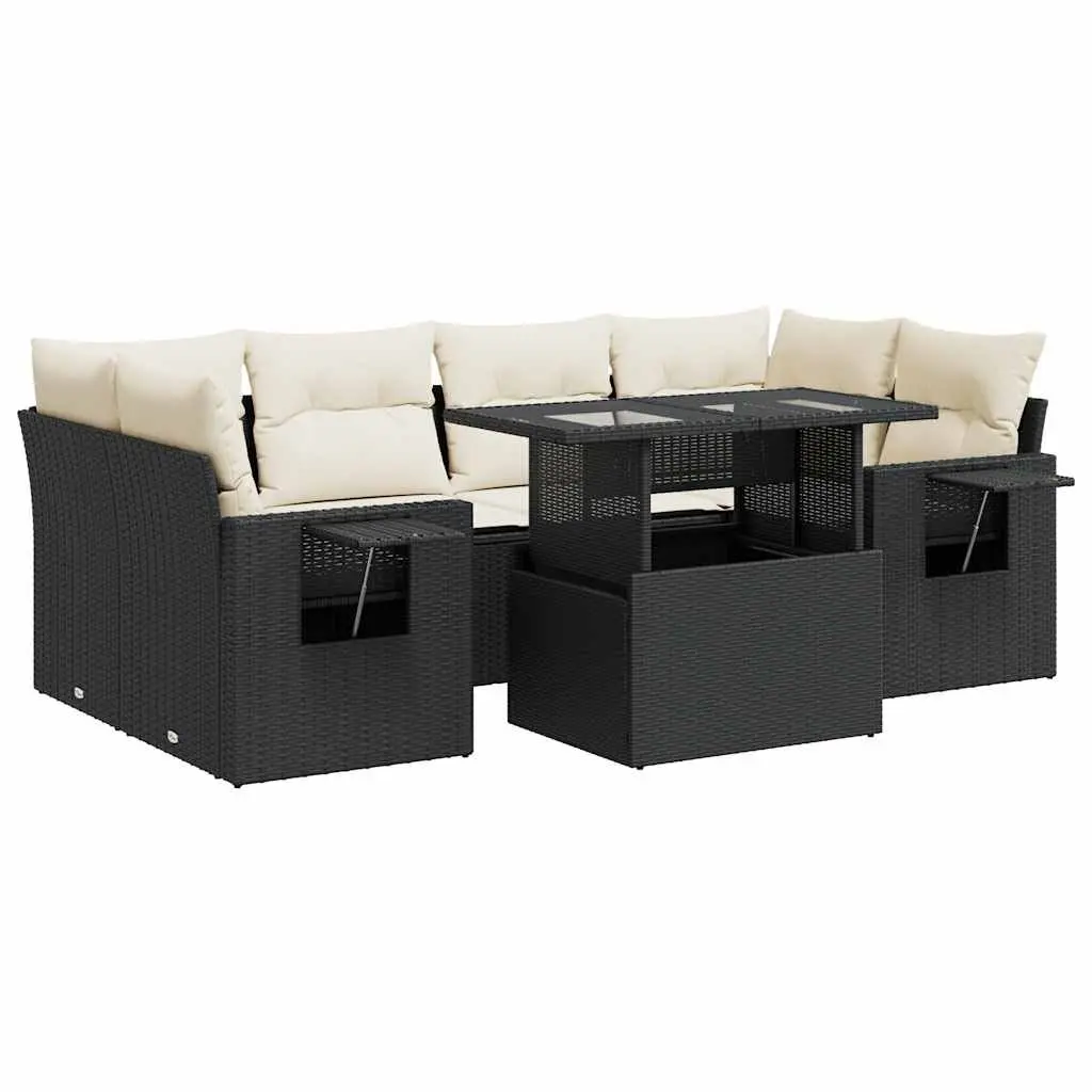 7 Piece Outdoor Sofa Set Black Powder Coated Steel Frame with Weather Resistant PE Rattan Cushions and Adjustable Tabletop