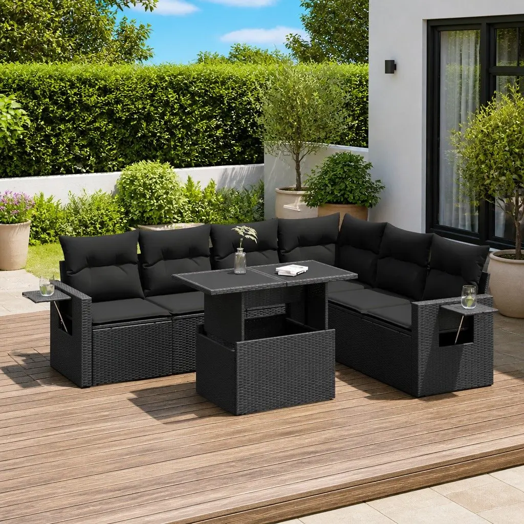 7 Piece Garden Sofa Set PE Rattan Black Outdoor Furniture with Cushions