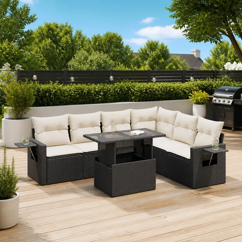 7 Piece Garden Sofa Set PE Rattan Outdoor Lounge Furniture Adjustable Table Black