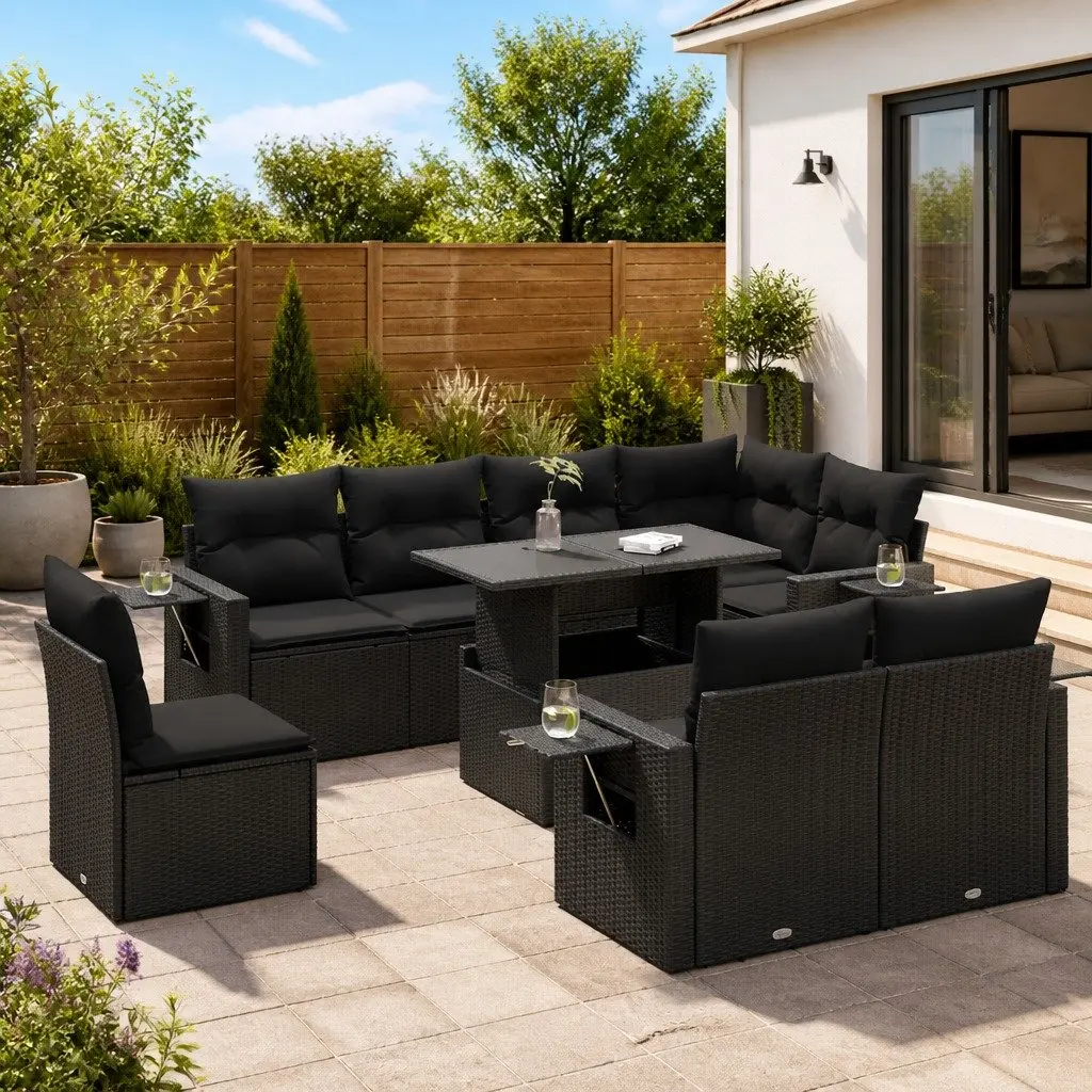 Garden Sofa Set 9 Piece Outdoor Patio Furniture Black Poly Rattan with Cushions