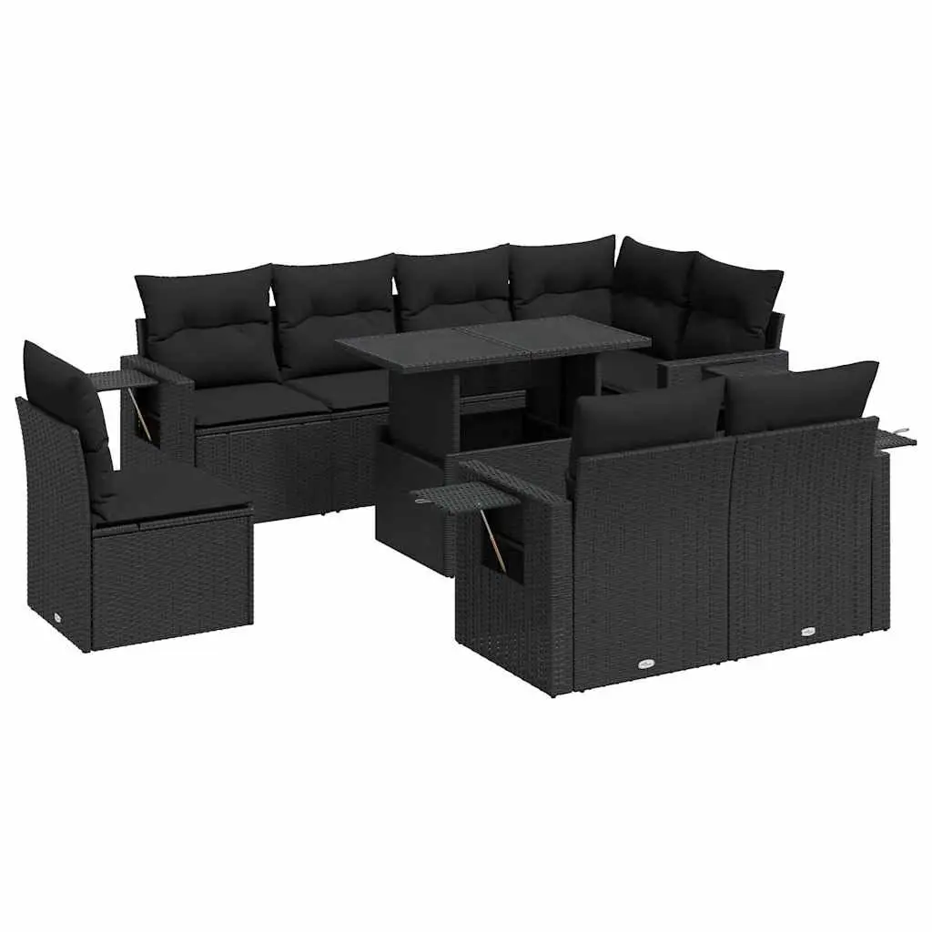 Garden Sofa Set 9 Piece Outdoor Patio Furniture Black Poly Rattan with Cushions