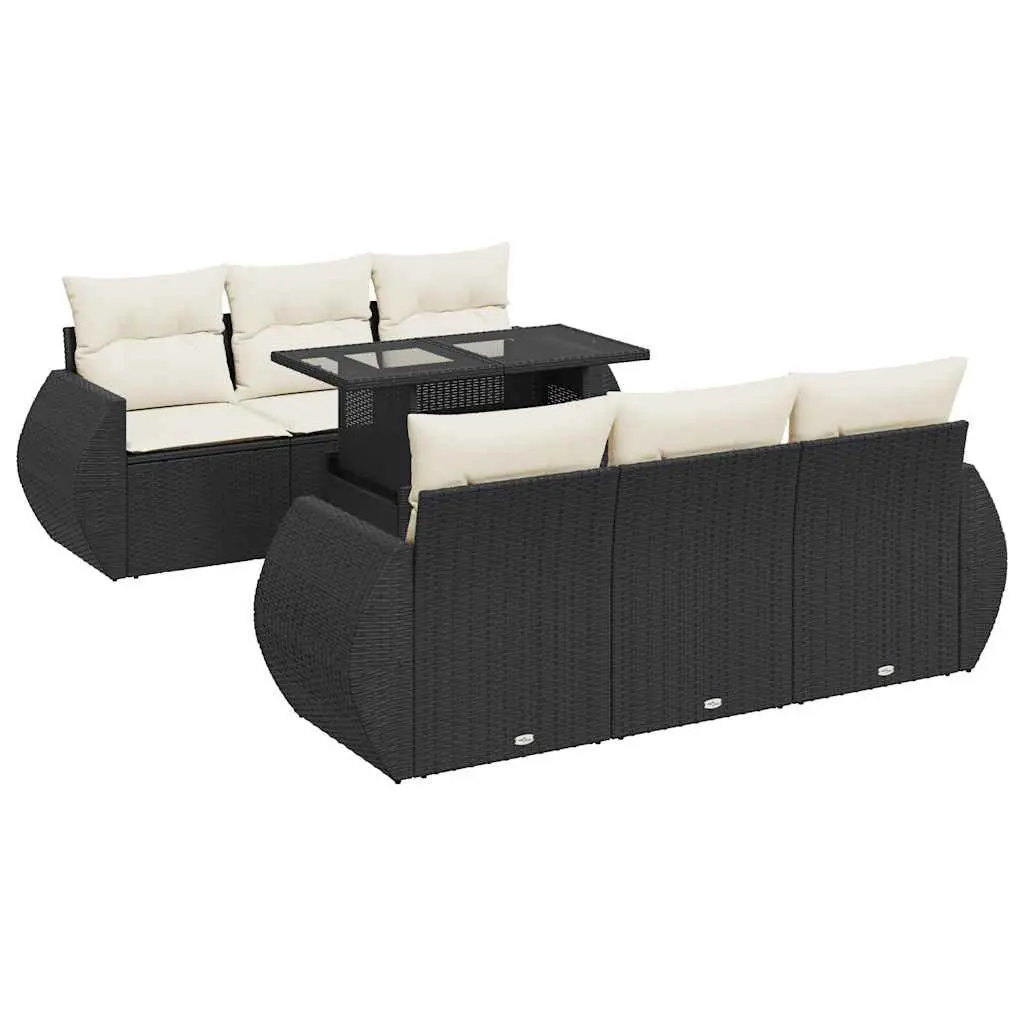 7 Piece Outdoor Sofa Set Black Poly Rattan Cushions Adjustable Tabletop Storage Function