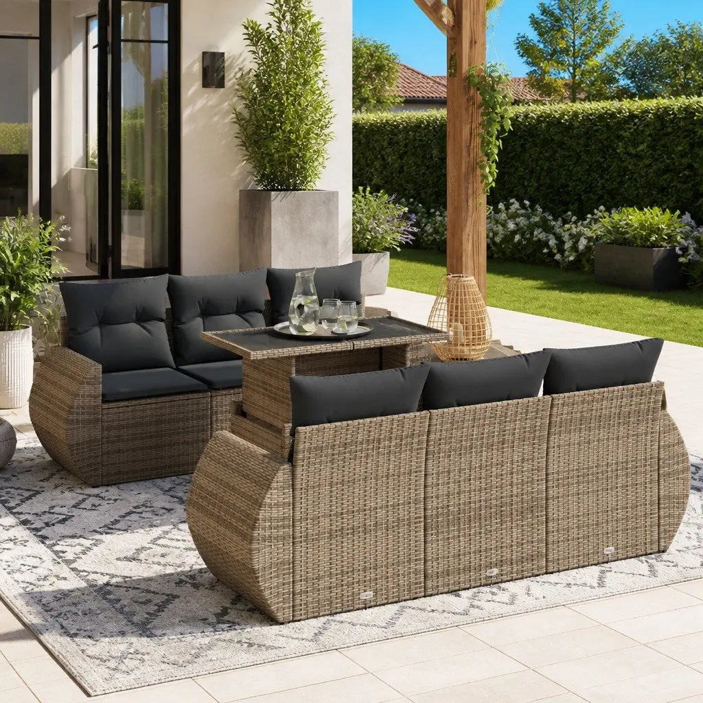 7 Piece Outdoor Sofa Set Grey Rattan Patio Furniture with Cushions and Storage Compartment