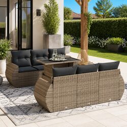 7 Piece Garden Sofa Set Grey Outdoor Patio Furniture Rattan with Cushions