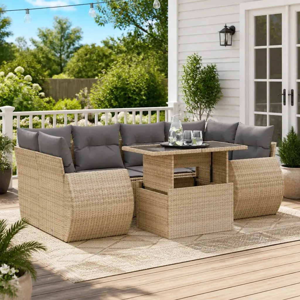 7 Piece Outdoor Garden Sofa Set Poly Rattan Beige with Storage