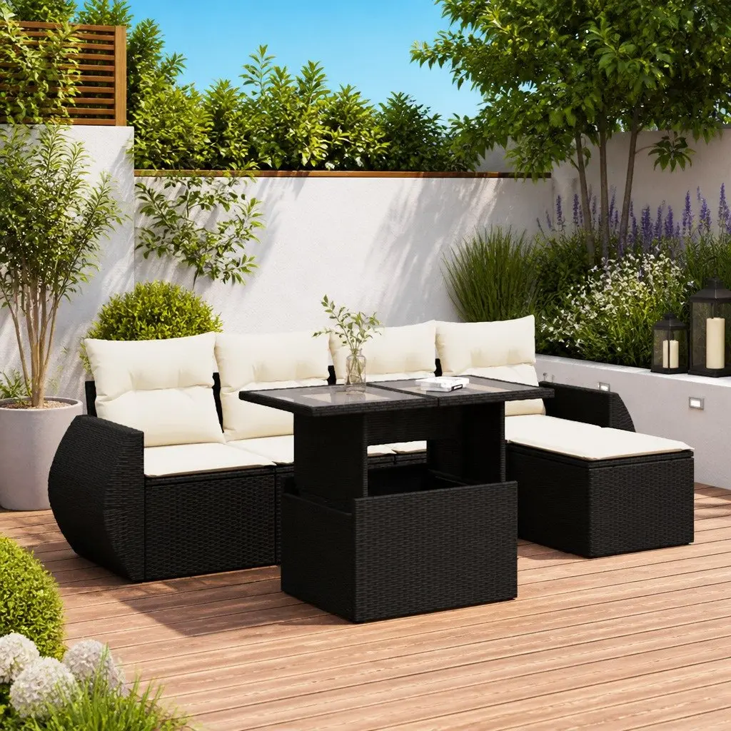 6 Piece Garden Sofa Set PE Rattan Powder Coated Steel Adjustable Table Black