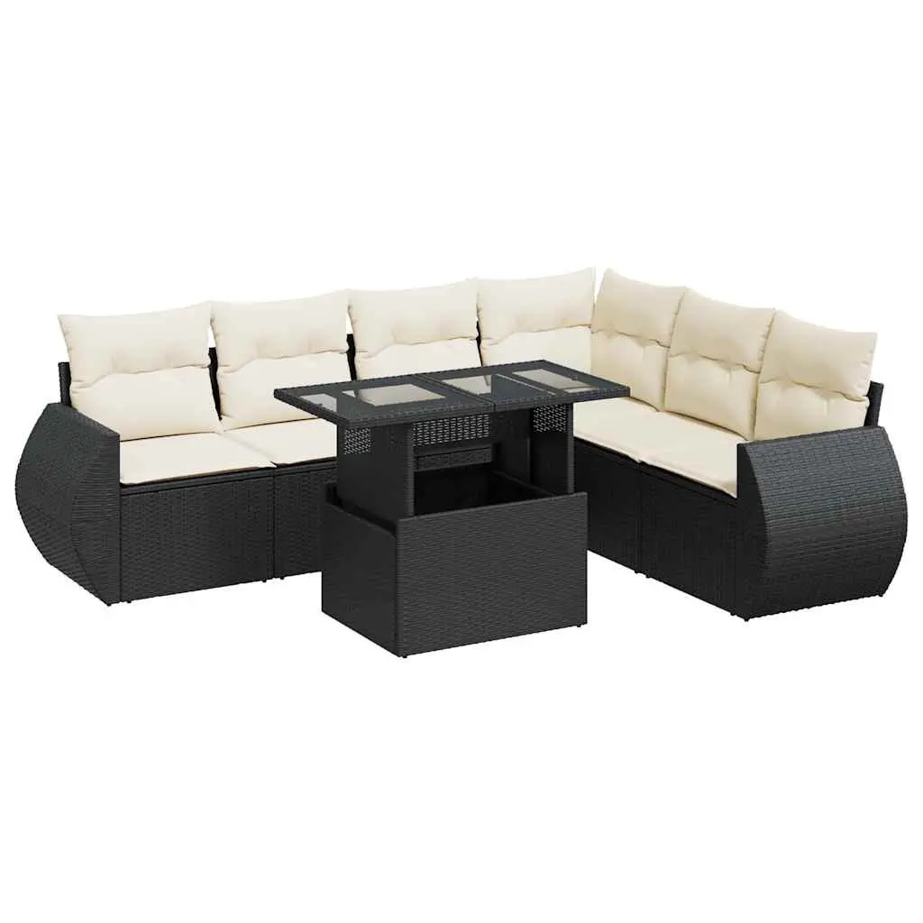 7 Piece Patio Sofa Set Black Powder Coated Steel and PE Poly Rattan Outdoor Furniture with Adjustable Table and Storage Compartments