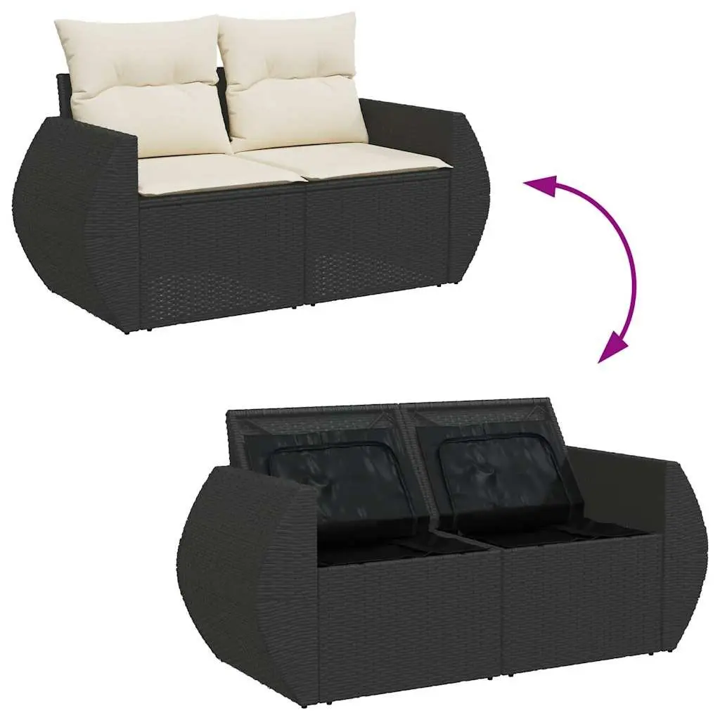 7 Piece Patio Sofa Set Black Powder Coated Steel and PE Poly Rattan Outdoor Furniture with Adjustable Table and Storage Compartments