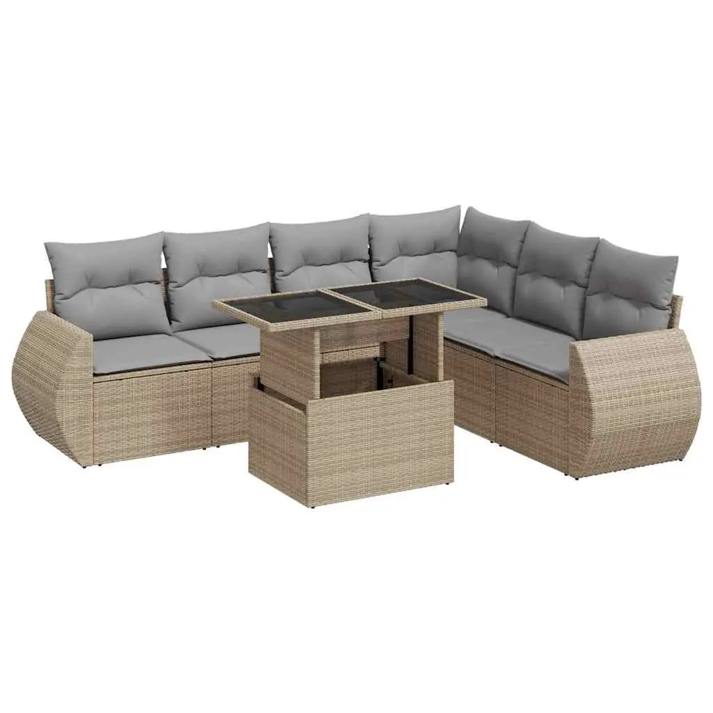 7 Piece Outdoor Garden Sofa Set PE Rattan Beige with Cushions and Adjustable Tabletop